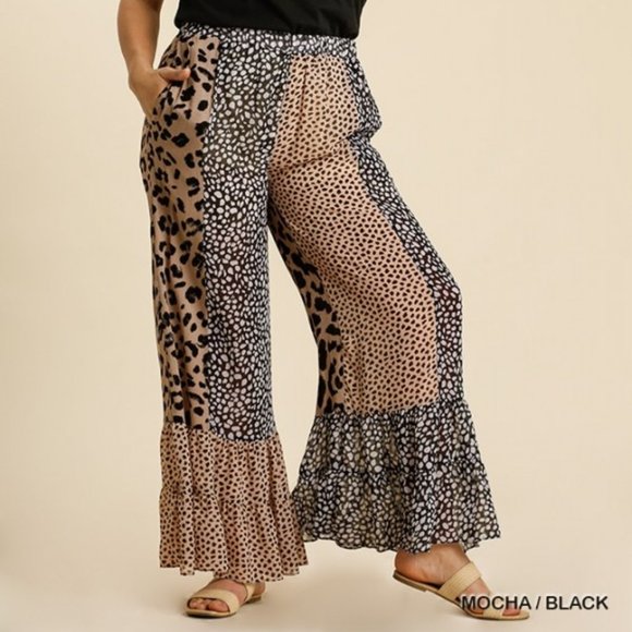 Umgee Plus Mixed Animal Print Mocha Pants NWT - Picture 5 of 11